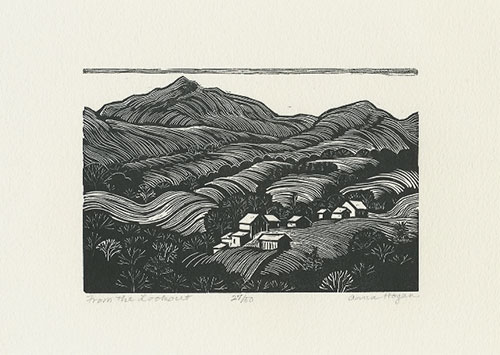Anna Hogan wood engraving, titled "From the Lookout" on this print, "View from the Highway" on her block